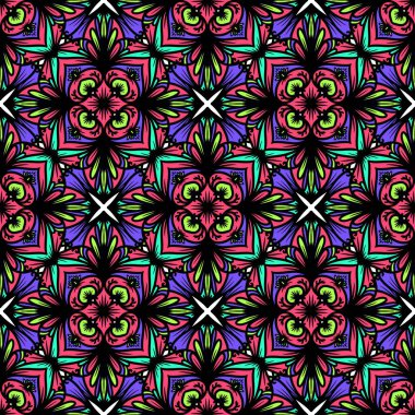 Mandalalı kusursuz desenli çiçek, klasik dekoratif elementler, klasik dekoratif çizimler, renkli kabile süsleriyle etnik mandala, renkli çiçek desenleri.