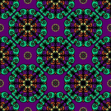 Mandalalı kusursuz desenli çiçek, klasik dekoratif elementler, klasik dekoratif çizimler, renkli kabile süsleriyle etnik mandala, renkli çiçek desenleri.