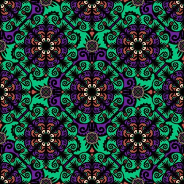 Mandalalı kusursuz desenli çiçek, klasik dekoratif elementler, klasik dekoratif çizimler, renkli kabile süsleriyle etnik mandala, renkli çiçek desenleri.