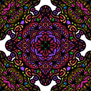 Mandalalı kusursuz desenli çiçek, klasik dekoratif elementler, klasik dekoratif çizimler, renkli kabile süsleriyle etnik mandala, renkli çiçek desenleri.