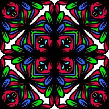 Mandalalı kusursuz desenli çiçek, klasik dekoratif elementler, klasik dekoratif çizimler, renkli kabile süsleriyle etnik mandala, renkli çiçek desenleri.