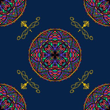 Mandala, klasik dekoratif elementler, renkli kabile süslerine sahip etnik mandala, İslam, Türkçe, Arapça, Hint, sedirli desenli, kumaş ya da kağıt üzerine basılmaya uygun desenler..