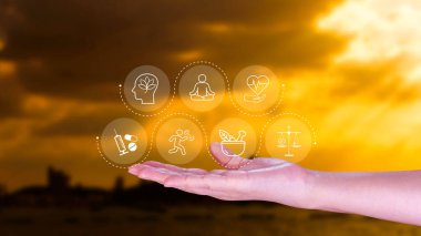 Refah, uzun ömürlülük ve bütünsel kavram. Ruh sağlığı, zindelik, beslenme, uyku, ilişkiler ve mali denge, kişisel gelişim ve denge dahil olmak üzere sağlık hizmetleri.