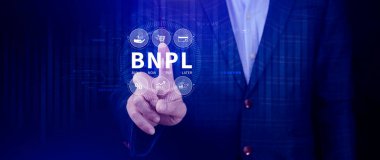 BNPL, şimdi öde sonra öde konsepti. Çevrimiçi alışveriş ikonları teknolojisi ile BNPL simgeleri kullanarak. BNPL alımı şimdi daha sonra online alışveriş kavramını öde.
