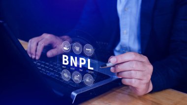 BNPL, şimdi öde sonra öde konsepti. Çevrimiçi alışveriş ikonları teknolojisi ile BNPL simgeleri kullanarak. BNPL alımı şimdi daha sonra online alışveriş kavramını öde.
