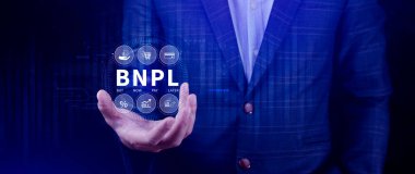 BNPL, şimdi öde sonra öde konsepti. Çevrimiçi alışveriş ikonları teknolojisi ile BNPL simgeleri kullanarak. BNPL alımı şimdi daha sonra online alışveriş kavramını öde.