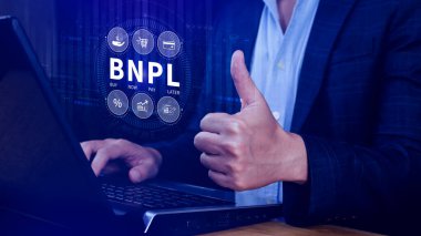BNPL, şimdi öde sonra öde konsepti. Çevrimiçi alışveriş ikonları teknolojisi ile BNPL simgeleri kullanarak. BNPL alımı şimdi daha sonra online alışveriş kavramını öde.