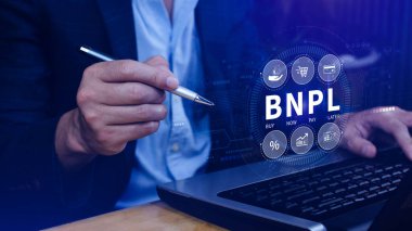 BNPL, şimdi öde sonra öde konsepti. Çevrimiçi alışveriş ikonları teknolojisi ile BNPL simgeleri kullanarak. BNPL alımı şimdi daha sonra online alışveriş kavramını öde.