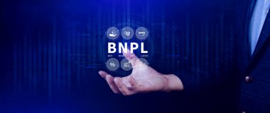 BNPL, şimdi öde sonra öde konsepti. Çevrimiçi alışveriş ikonları teknolojisi ile BNPL simgeleri kullanarak. BNPL alımı şimdi daha sonra online alışveriş kavramını öde.