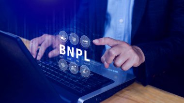 BNPL, şimdi öde sonra öde konsepti. Çevrimiçi alışveriş ikonları teknolojisi ile BNPL simgeleri kullanarak. BNPL alımı şimdi daha sonra online alışveriş kavramını öde.