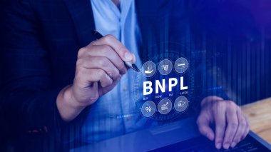 BNPL, şimdi öde sonra öde konsepti. Çevrimiçi alışveriş ikonları teknolojisi ile BNPL simgeleri kullanarak. BNPL alımı şimdi daha sonra online alışveriş kavramını öde.