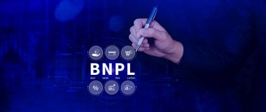 BNPL, şimdi öde sonra öde konsepti. Çevrimiçi alışveriş ikonları teknolojisi ile BNPL simgeleri kullanarak. BNPL alımı şimdi daha sonra online alışveriş kavramını öde.
