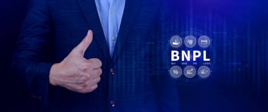 BNPL, şimdi öde sonra öde konsepti. Çevrimiçi alışveriş ikonları teknolojisi ile BNPL simgeleri kullanarak. BNPL alımı şimdi daha sonra online alışveriş kavramını öde.