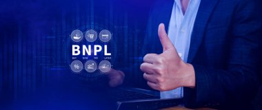 BNPL, şimdi öde sonra öde konsepti. Çevrimiçi alışveriş ikonları teknolojisi ile BNPL simgeleri kullanarak. BNPL alımı şimdi daha sonra online alışveriş kavramını öde.