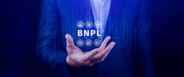 BNPL, şimdi öde sonra öde konsepti. Çevrimiçi alışveriş ikonları teknolojisi ile BNPL simgeleri kullanarak. BNPL alımı şimdi daha sonra online alışveriş kavramını öde.