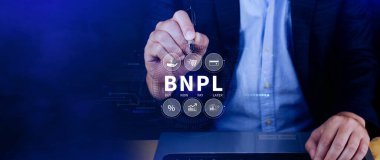 BNPL, şimdi öde sonra öde konsepti. Çevrimiçi alışveriş ikonları teknolojisi ile BNPL simgeleri kullanarak. BNPL alımı şimdi daha sonra online alışveriş kavramını öde.