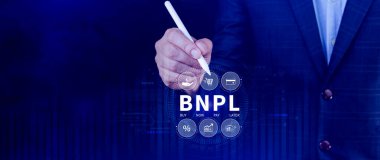 BNPL, şimdi öde sonra öde konsepti. Çevrimiçi alışveriş ikonları teknolojisi ile BNPL simgeleri kullanarak. BNPL alımı şimdi daha sonra online alışveriş kavramını öde.