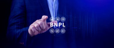 BNPL, şimdi öde sonra öde konsepti. Çevrimiçi alışveriş ikonları teknolojisi ile BNPL simgeleri kullanarak. BNPL alımı şimdi daha sonra online alışveriş kavramını öde.