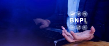 BNPL, şimdi öde sonra öde konsepti. Çevrimiçi alışveriş ikonları teknolojisi ile BNPL simgeleri kullanarak. BNPL alımı şimdi daha sonra online alışveriş kavramını öde.