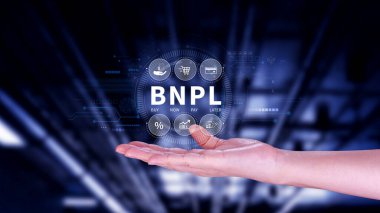 BNPL, şimdi öde sonra öde konsepti. Çevrimiçi alışveriş ikonları teknolojisi ile BNPL simgeleri kullanarak. BNPL alımı şimdi daha sonra online alışveriş kavramını öde.