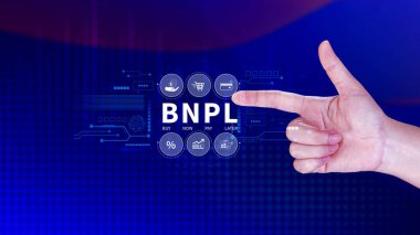 BNPL, şimdi öde sonra öde konsepti. Çevrimiçi alışveriş ikonları teknolojisi ile BNPL simgeleri kullanarak. BNPL alımı şimdi daha sonra online alışveriş kavramını öde.