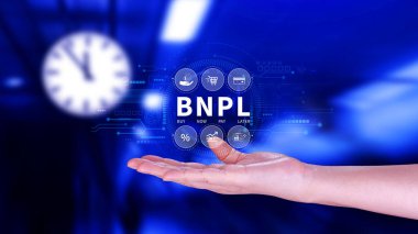 BNPL, şimdi öde sonra öde konsepti. Çevrimiçi alışveriş ikonları teknolojisi ile BNPL simgeleri kullanarak. BNPL alımı şimdi daha sonra online alışveriş kavramını öde.