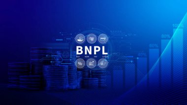BNPL, şimdi öde sonra öde konsepti. Çevrimiçi alışveriş ikonları teknolojisi ile BNPL simgeleri kullanarak. BNPL alımı şimdi daha sonra online alışveriş kavramını öde.