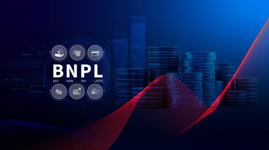 BNPL, şimdi öde sonra öde konsepti. Çevrimiçi alışveriş ikonları teknolojisi ile BNPL simgeleri kullanarak. BNPL alımı şimdi daha sonra online alışveriş kavramını öde.