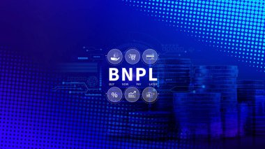 BNPL, şimdi öde sonra öde konsepti. Çevrimiçi alışveriş ikonları teknolojisi ile BNPL simgeleri kullanarak. BNPL alımı şimdi daha sonra online alışveriş kavramını öde.