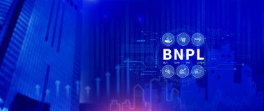 BNPL, şimdi öde sonra öde konsepti. Çevrimiçi alışveriş ikonları teknolojisi ile BNPL simgeleri kullanarak. BNPL alımı şimdi daha sonra online alışveriş kavramını öde.