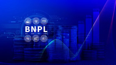 BNPL, şimdi öde sonra öde konsepti. Çevrimiçi alışveriş ikonları teknolojisi ile BNPL simgeleri kullanarak. BNPL alımı şimdi daha sonra online alışveriş kavramını öde.
