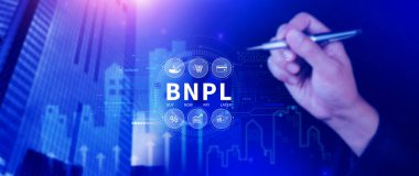 BNPL, şimdi öde sonra öde konsepti. Çevrimiçi alışveriş ikonları teknolojisi ile BNPL simgeleri kullanarak. BNPL alımı şimdi daha sonra online alışveriş kavramını öde.