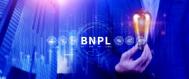 BNPL, şimdi öde sonra öde konsepti. Çevrimiçi alışveriş ikonları teknolojisi ile BNPL simgeleri kullanarak. BNPL alımı şimdi daha sonra online alışveriş kavramını öde.