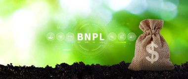 BNPL, şimdi öde sonra öde konsepti. Çevrimiçi alışveriş ikonları teknolojisi ile BNPL simgeleri kullanarak. BNPL alımı şimdi daha sonra online alışveriş kavramını öde.