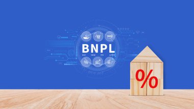 BNPL, şimdi öde sonra öde konsepti. Çevrimiçi alışveriş ikonları teknolojisi ile BNPL simgeleri kullanarak. BNPL alımı şimdi daha sonra online alışveriş kavramını öde.