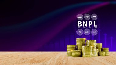 BNPL, şimdi öde sonra öde konsepti. Çevrimiçi alışveriş ikonları teknolojisi ile BNPL simgeleri kullanarak. BNPL alımı şimdi daha sonra online alışveriş kavramını öde.