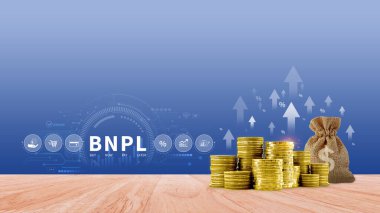 BNPL, şimdi öde sonra öde konsepti. Çevrimiçi alışveriş ikonları teknolojisi ile BNPL simgeleri kullanarak. BNPL alımı şimdi daha sonra online alışveriş kavramını öde.