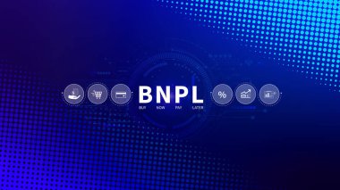BNPL, şimdi öde sonra öde konsepti. Çevrimiçi alışveriş ikonları teknolojisi ile BNPL simgeleri kullanarak. BNPL alımı şimdi daha sonra online alışveriş kavramını öde.