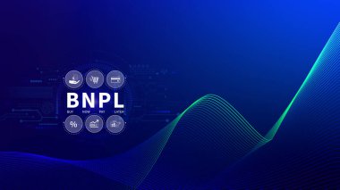 BNPL, şimdi öde sonra öde konsepti. Çevrimiçi alışveriş ikonları teknolojisi ile BNPL simgeleri kullanarak. BNPL alımı şimdi daha sonra online alışveriş kavramını öde.