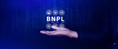 BNPL, şimdi öde sonra öde konsepti. Çevrimiçi alışveriş ikonları teknolojisi ile BNPL simgeleri kullanarak. BNPL alımı şimdi daha sonra online alışveriş kavramını öde.
