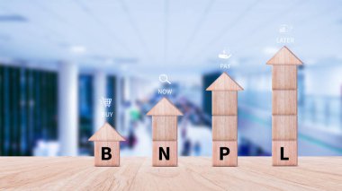 BNPL, şimdi öde sonra öde konsepti. Çevrimiçi alışveriş ikonları teknolojili BNPL simgeleriyle tahta küp. BNPL alımı şimdi daha sonra online alışveriş kavramını öde.