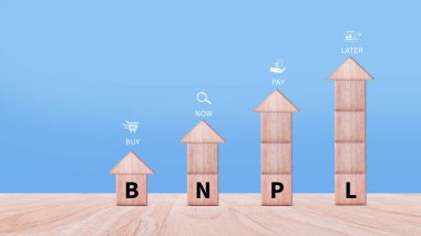 BNPL, şimdi öde sonra öde konsepti. Çevrimiçi alışveriş ikonları teknolojili BNPL simgeleriyle tahta küp. BNPL alımı şimdi daha sonra online alışveriş kavramını öde.