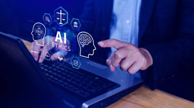 Yapay zeka ve insanlığın dengelenmesi, Yapay Zeka etiği, Yapay Zeka etiği, hukuki ölçek sembolleri, güvenlik, etik standartlar ve yapay zeka teknolojisindeki düzenlemeler.