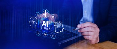 Yapay zeka ve insanlığın dengelenmesi, Yapay Zeka etiği, Yapay Zeka etiği, hukuki ölçek sembolleri, güvenlik, etik standartlar ve yapay zeka teknolojisindeki düzenlemeler.