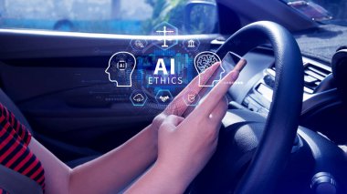 Yapay zeka ve insanlığın dengelenmesi, Yapay Zeka etiği, Yapay Zeka etiği, hukuki ölçek sembolleri, güvenlik, etik standartlar ve yapay zeka teknolojisindeki düzenlemeler.