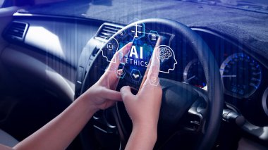 Yapay zeka ve insanlığın dengelenmesi, Yapay Zeka etiği, Yapay Zeka etiği, hukuki ölçek sembolleri, güvenlik, etik standartlar ve yapay zeka teknolojisindeki düzenlemeler.