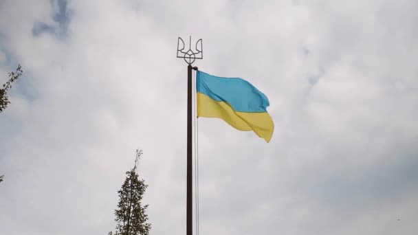The flag of Ukraine flutters in the wind in the city of Kyiv, Obolon distri