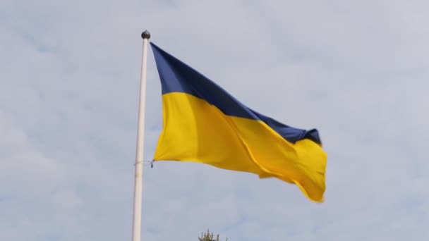 Прапор України Красиво Виблискує Флагштоку Сильним Вітром Місті Трускавець Україна — стокове відео