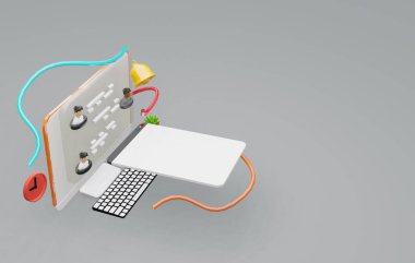  laptop masaüstü 3d illüstrasyon, veri analizi web sitesi seo, algoritma ai ui ux, programlama üretken zarif siyah arkaplan 