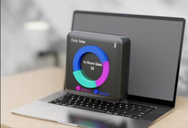 laptop masaüstü 3d illüstrasyon, veri analizi web sitesi seo, algoritma ai ui ux, programlama üretken zarif siyah arkaplan